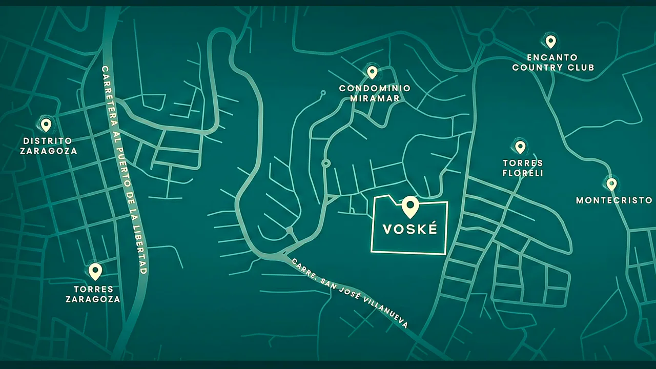 Vista aérea de Voské y mapa de lugares cercanos, material de Calidad Inmobiliaria.